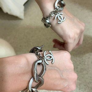 CHANEL Chain Link CC Bracelet Two-Tone Silver Brashed